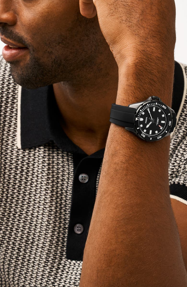 Fossil Dalton Three Hand Quartz Silicone Strap Watch, 42mm, Alternate, color, Black