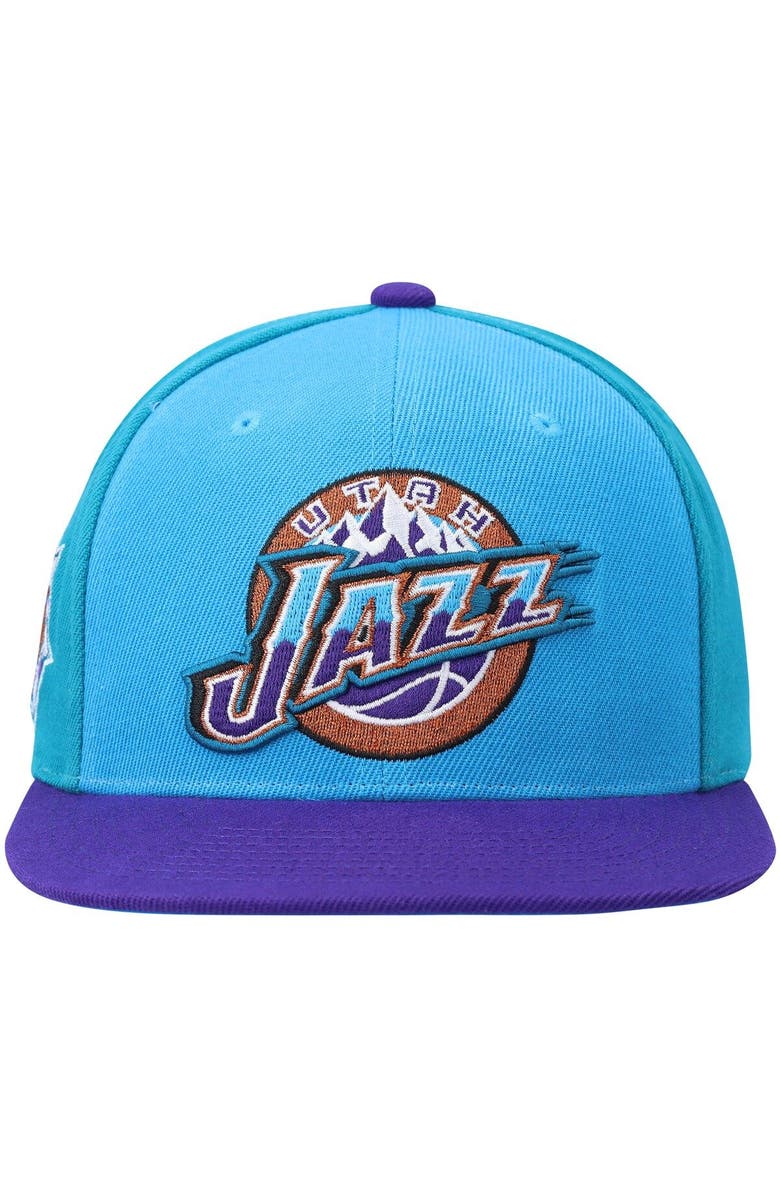 Mitchell & Ness Men's Mitchell & Ness Turquoise/Purple Utah Jazz Hardwood Classics On The Block Snapback Hat, Alternate, color,