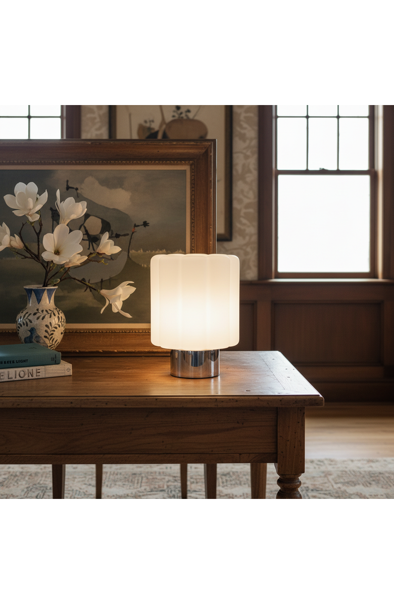 Brightech Addison 9" Chrome Matte Glass Integrated LED Table Lamp with Sliding Dimmer, Alternate, color, Chrome