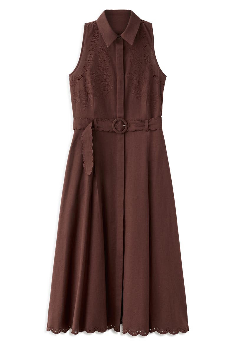 Floral Embroidered Belted Cotton & Linen Shirtdress, Alternate, color, BROWN