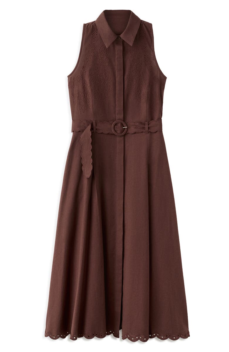 MANGO Floral Embroidered Belted Cotton & Linen Shirtdress, Alternate, color, Brown