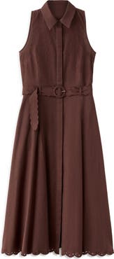 MANGO Floral Embroidered Belted Cotton & Linen Shirtdress