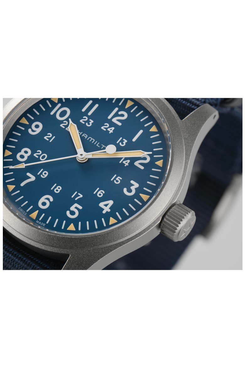 Khaki Field Mechanical NATO Strap Watch, 38mm, Alternate, color, BLUE