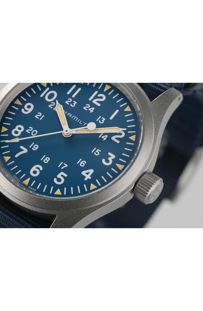 Hamilton Khaki Field Mechanical NATO Strap Watch, 38mm, Alternate, color, Blue