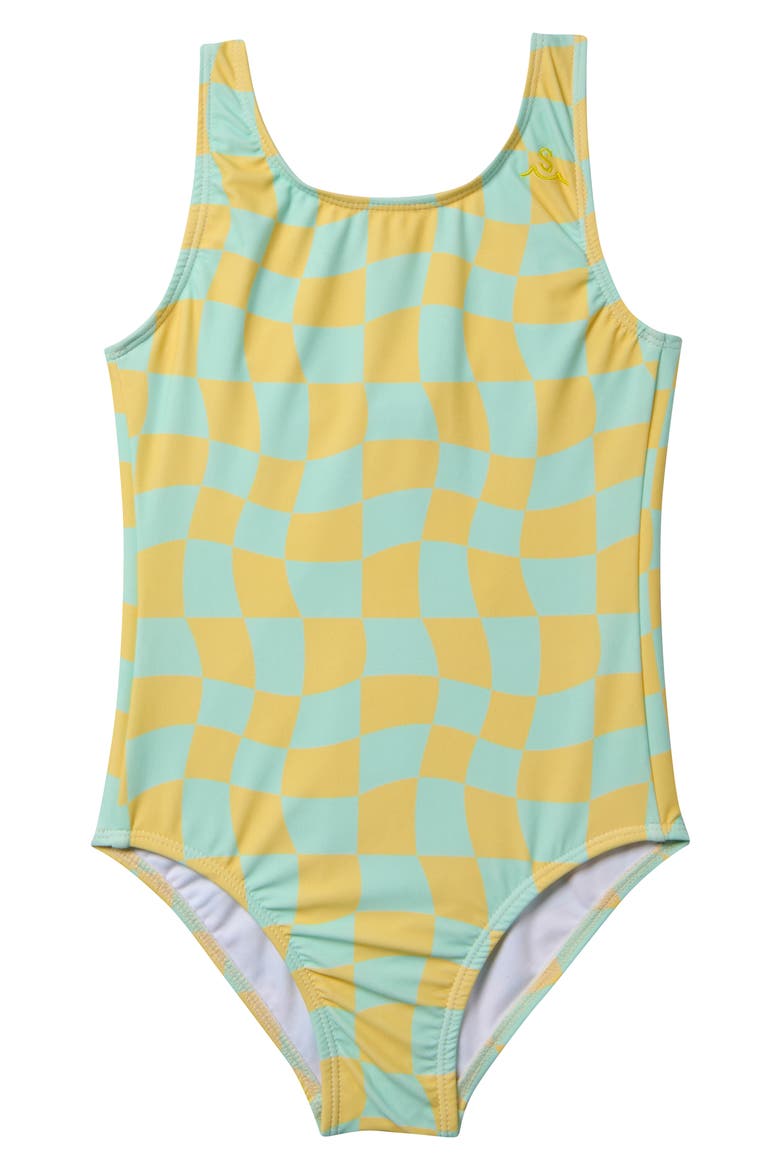 Kids' Wavy Checks One-Piece Swimsuit, Main, color, LEMON