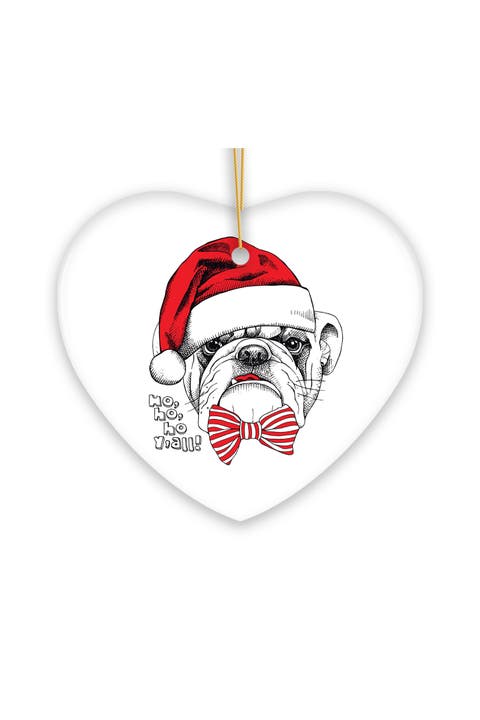 Santa Hat Bulldog With Striped Bow Heart Ornament