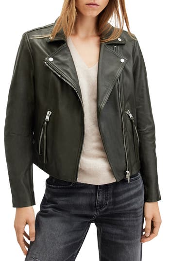 Allsaints Dalby Slim Fit Leather Biker Jacket In Rosin Green