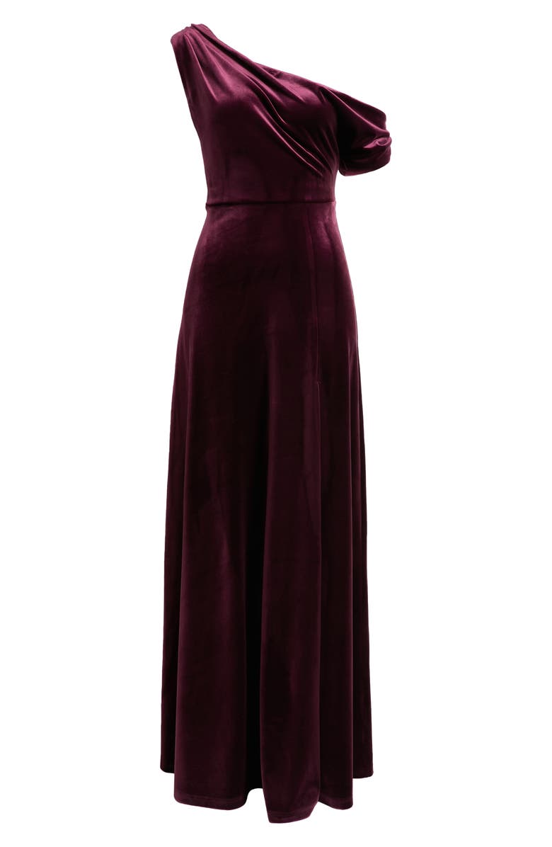 Lulus Anya Draped One-Shoulder Velvet Gown, Alternate, color, Eggplant
