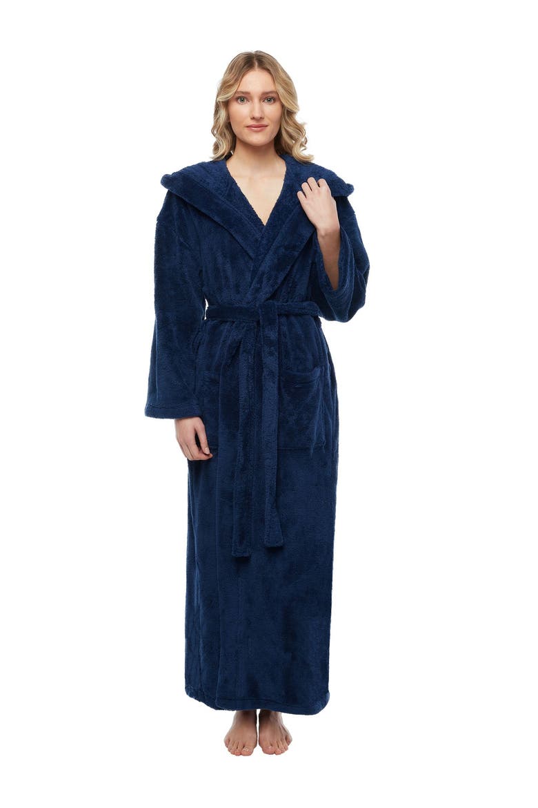 Womens Long Fleece Robe with Hood, Alternate, color, Navy