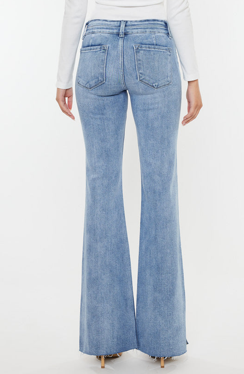 Kancan Mid Rise Double Waist Band Flare Jeans In Medium Wash In Medium Wash