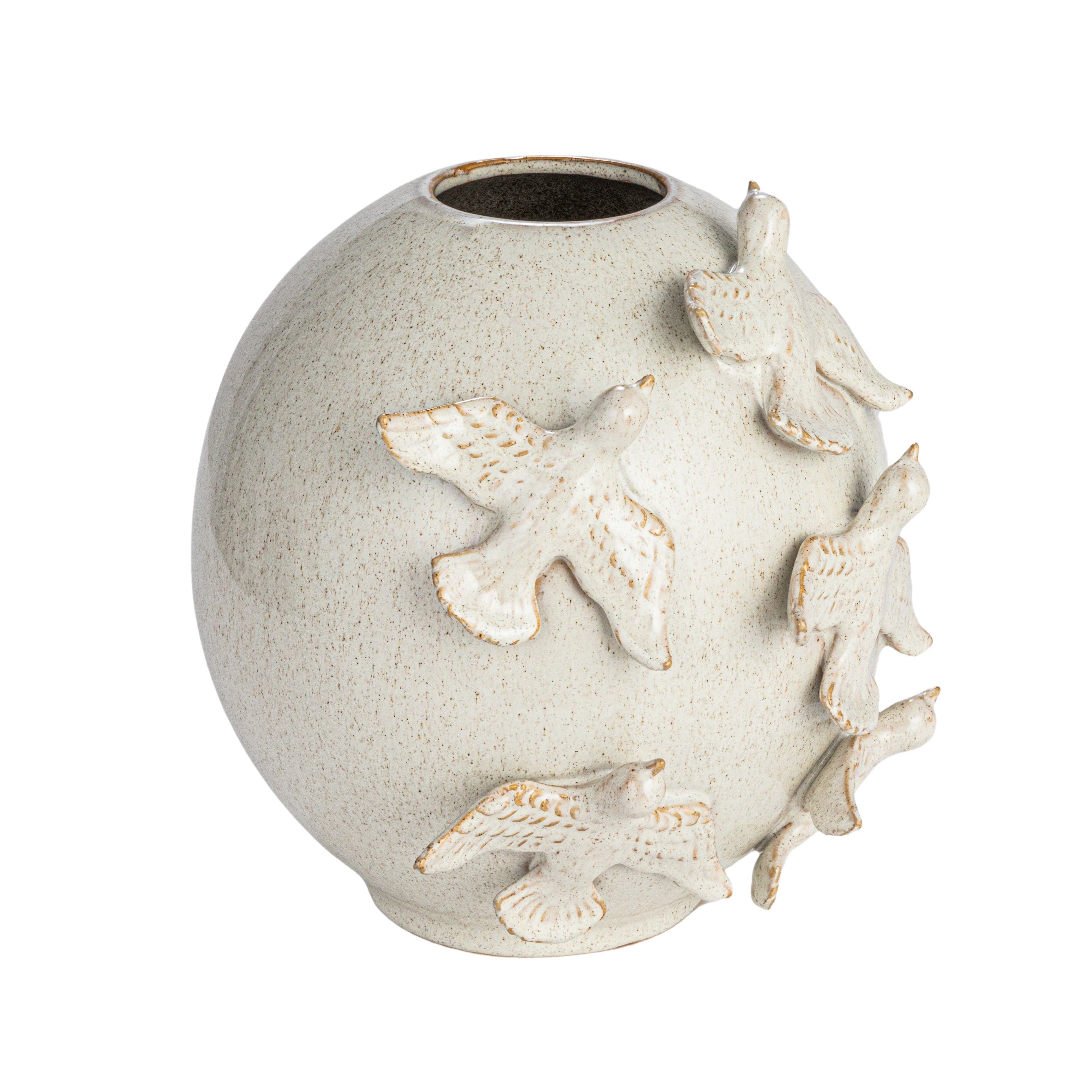Storied Home Stoneware Vase With Birds And Reactive Glaze, Cream In White
