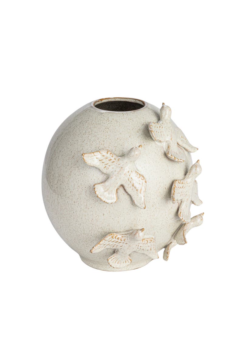 Storied Home Stoneware Vase with Birds and Reactive Glaze, Cream, Main, color, Cream