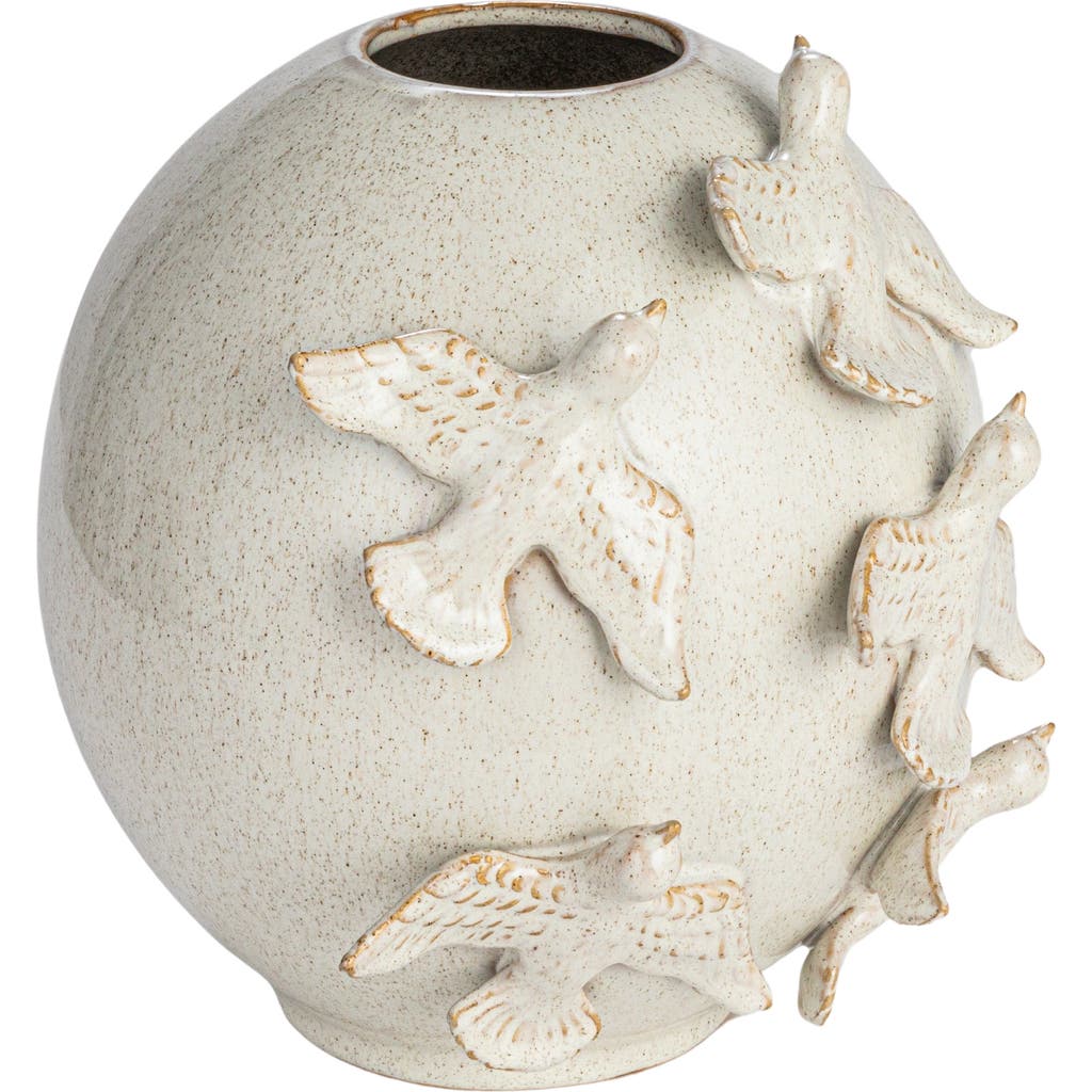 Storied Home Stoneware Vase With Birds And Reactive Glaze, Cream In White