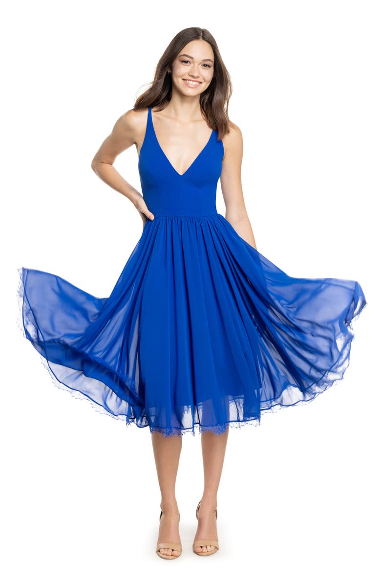 Dress the Population Alicia Mixed Media Midi Dress, Alternate, color, Electric Blue
