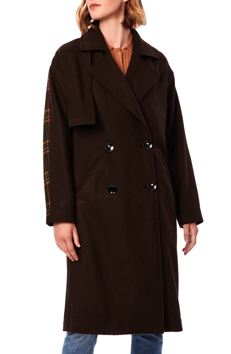 Bernardo Double Breasted Mixed Media Wool Blend Coat, Main, color, 