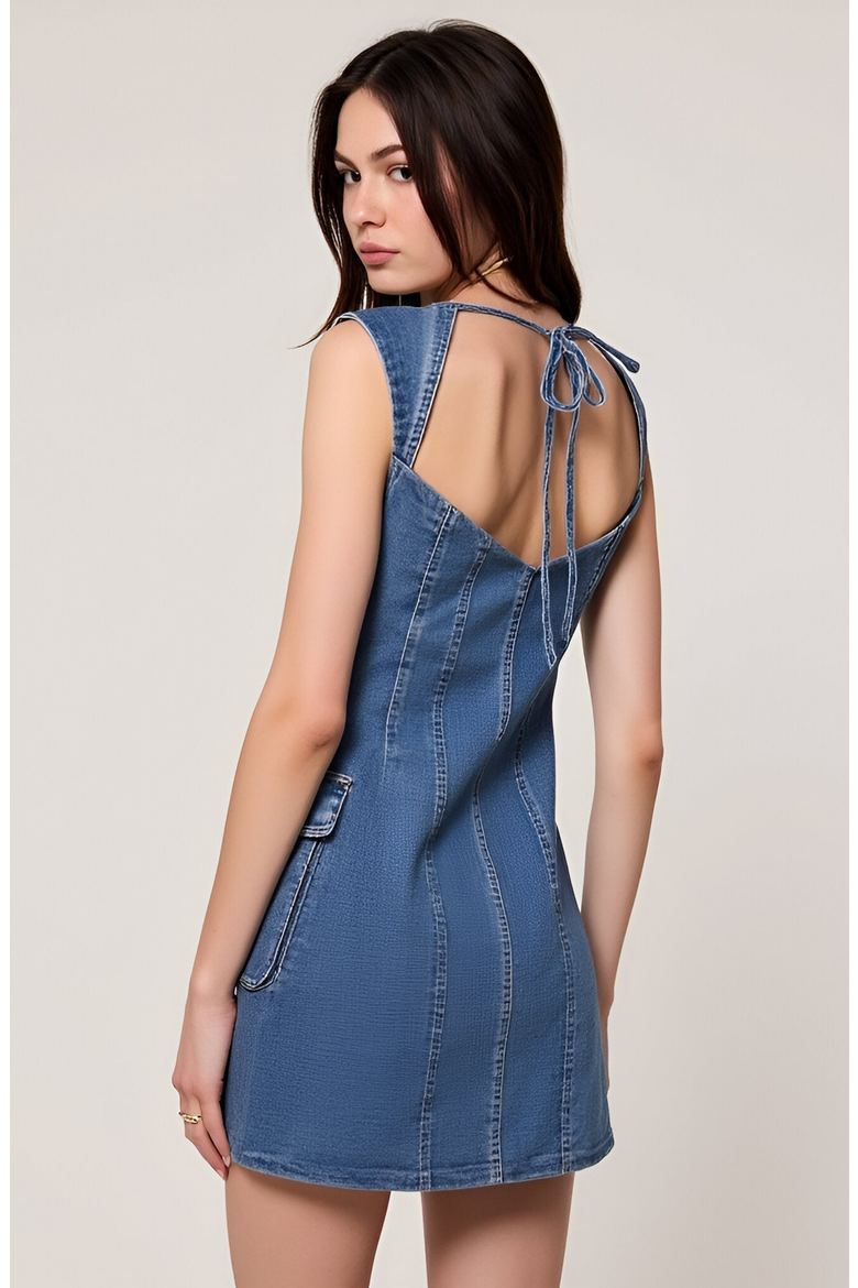 Square Neck Denim Mini Dress with Flap Patch Pockets, Alternate, color, Denim Blue