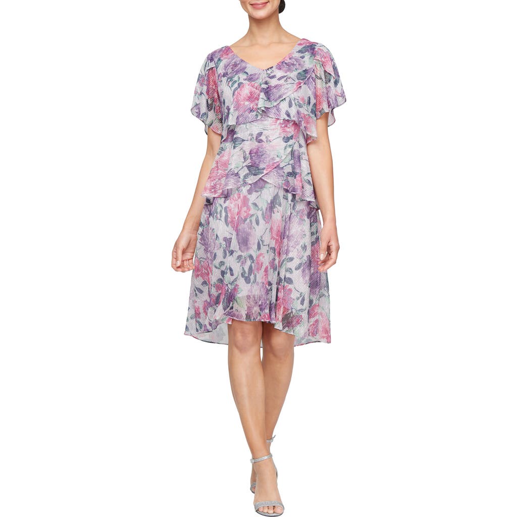 Shop Sl Fashions Floral Short Sleeve Tiered Metallic Plissé Cocktail Dress In Pink Multi