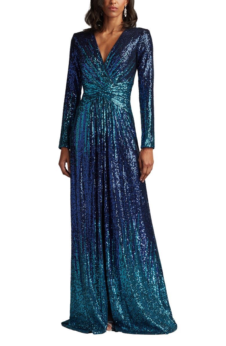 Tadashi Shoji Ombré Sequin Long Sleeve Gown, Alternate, color, Royal Iris/ Ombre