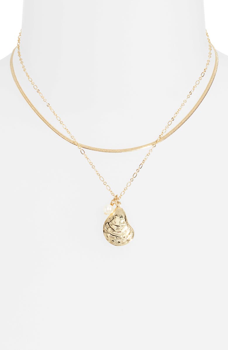 Nordstrom Demi Fine Set of 2 Shell & Freshwater Pearl Necklace, Alternate, color, 14K Gold Plated