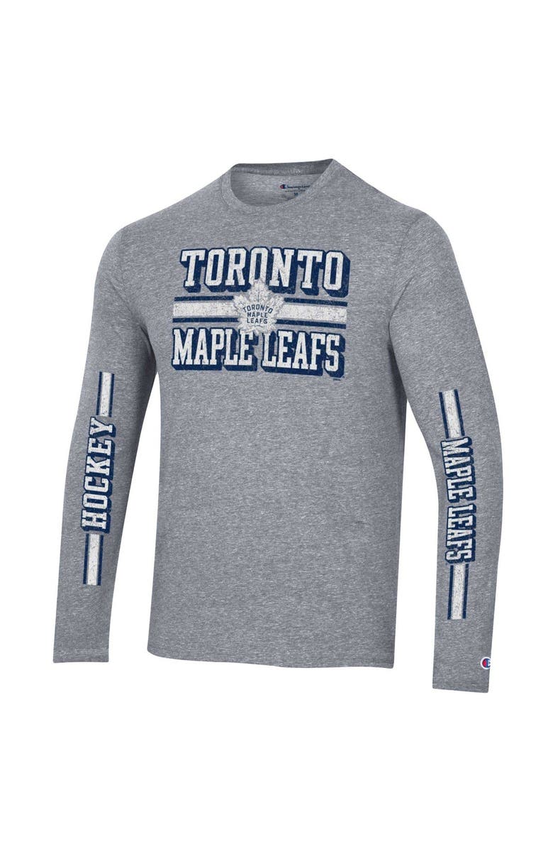 Champion Men's Champion Heather Gray Toronto Maple Leafs Tri-Blend Dual-Stripe Long Sleeve T-Shirt, Alternate, color, 