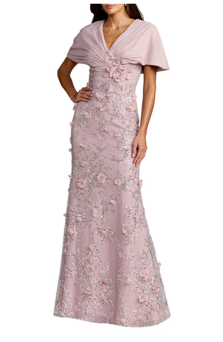 Mac Duggal Chiffon Faux Wrap Beaded Column Gown, Main, color, Rose