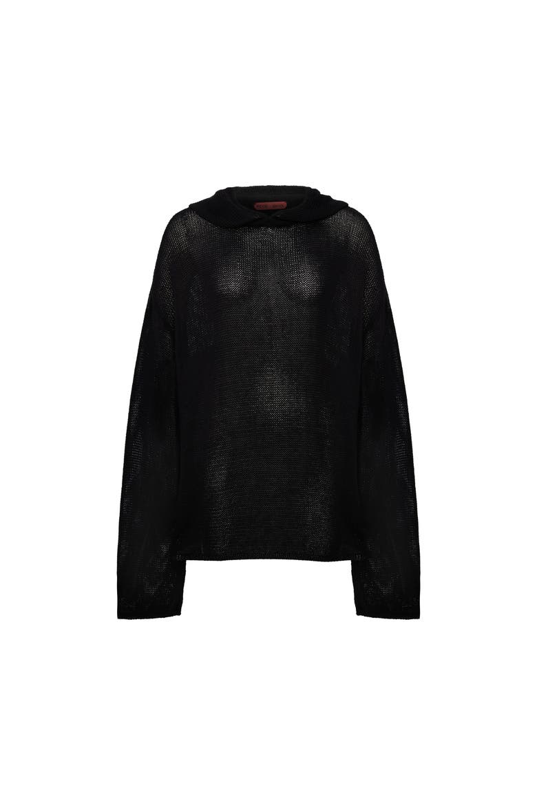 Cotton Blend Knitted Hoodie With Woven Patch, Main, color, BLACK