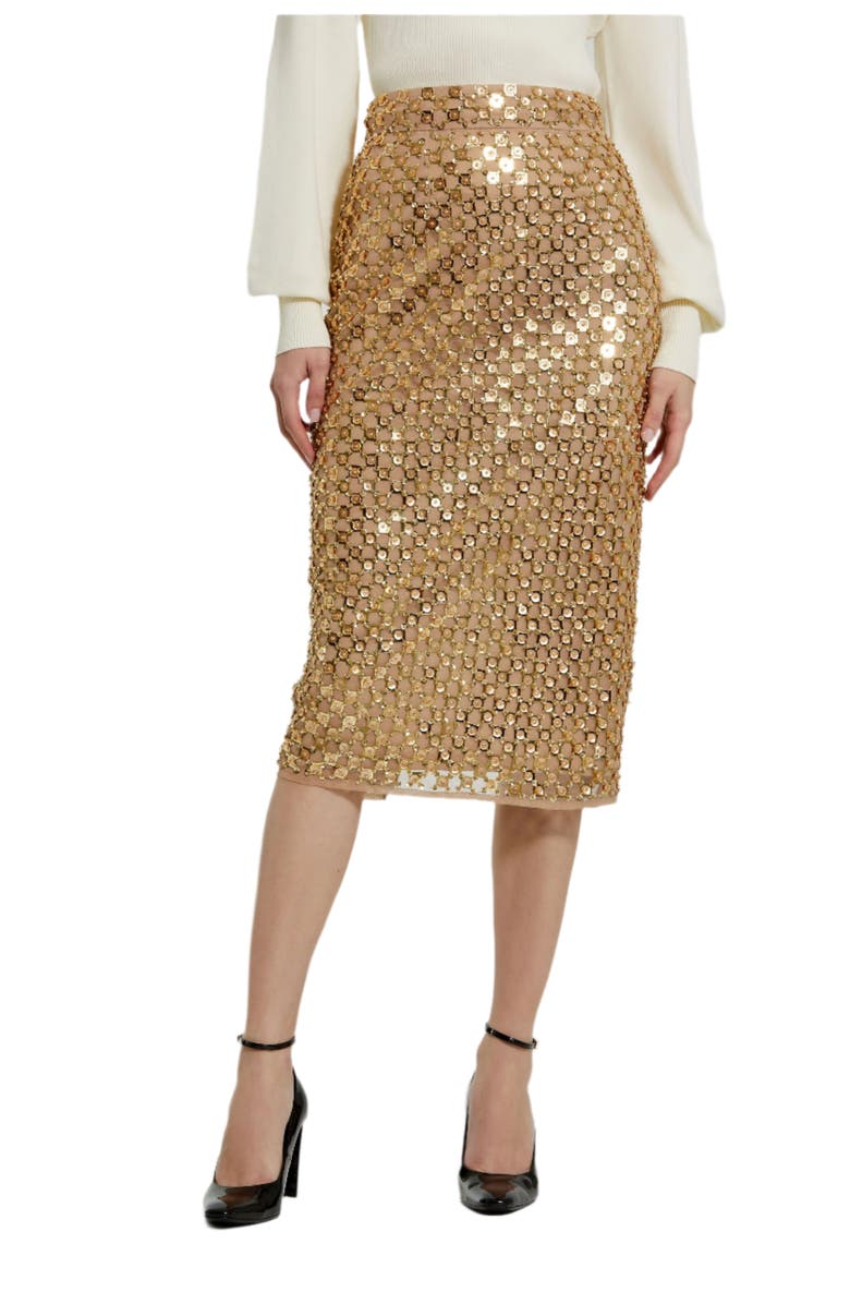 Mac Duggal Women's Georgette Embellished Fitted Midi Pencil Skirt, Main, color, Antique Gold