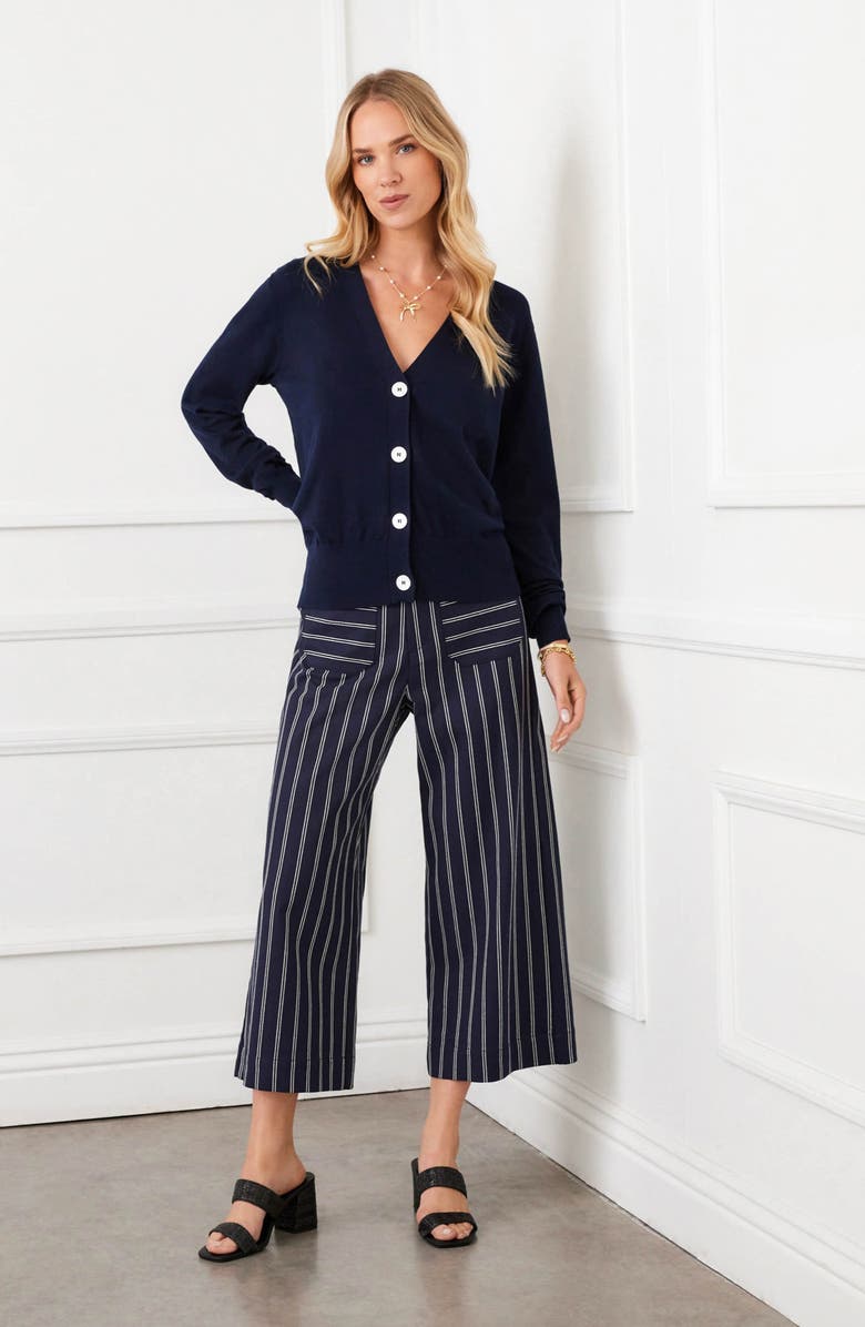 Karen Kane Stripe Cotton Blend Crop Wide Leg Pants, Alternate, color, Navy