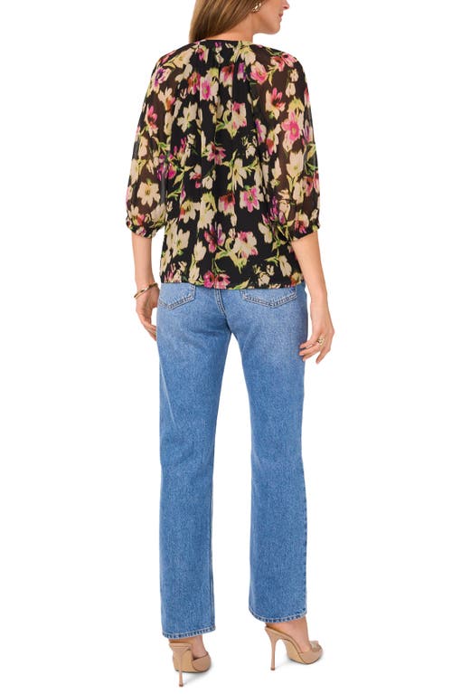 Vince Camuto Floral Print Raglan Sleeve Button-up Top In Black