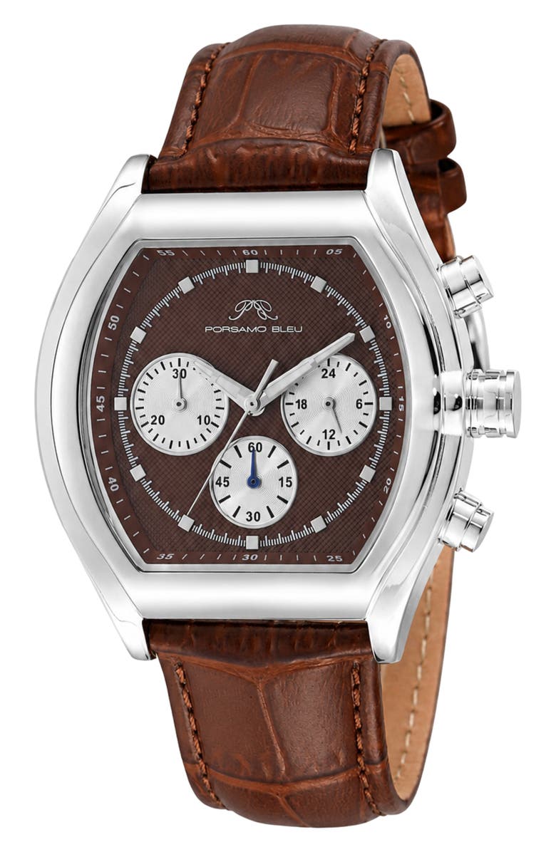 PORSAMO BLEU Roman Leather Strap Watch, Main, color, Brown Silver Tone