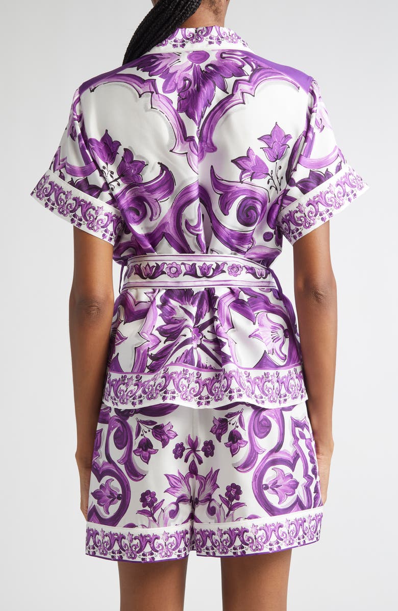 Dolce&Gabbana Majolica Print Silk Twill Drawstring Shirt, Alternate, color, Ip3tn Mix Maiolica Viola
