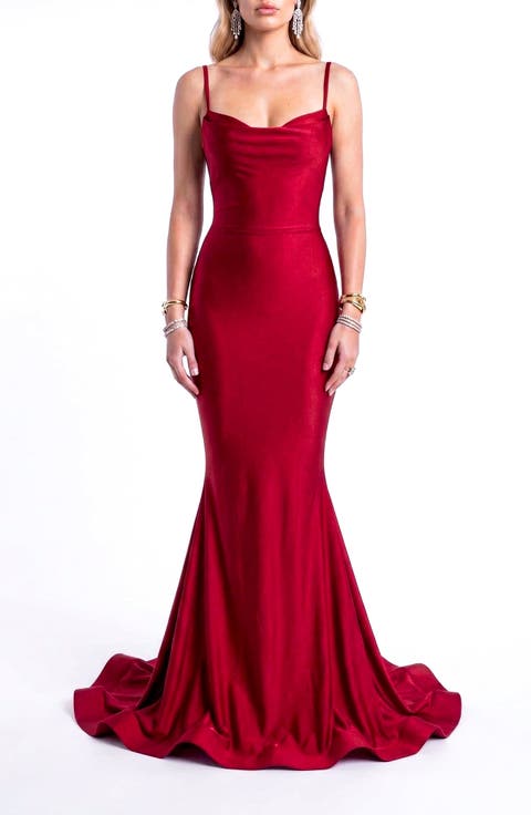 Cowl Neck Lace-Up Open Back Mermaid Gown