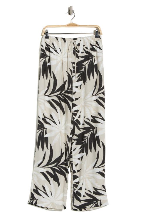 Palm Print Linen Blend Wide Leg Pants