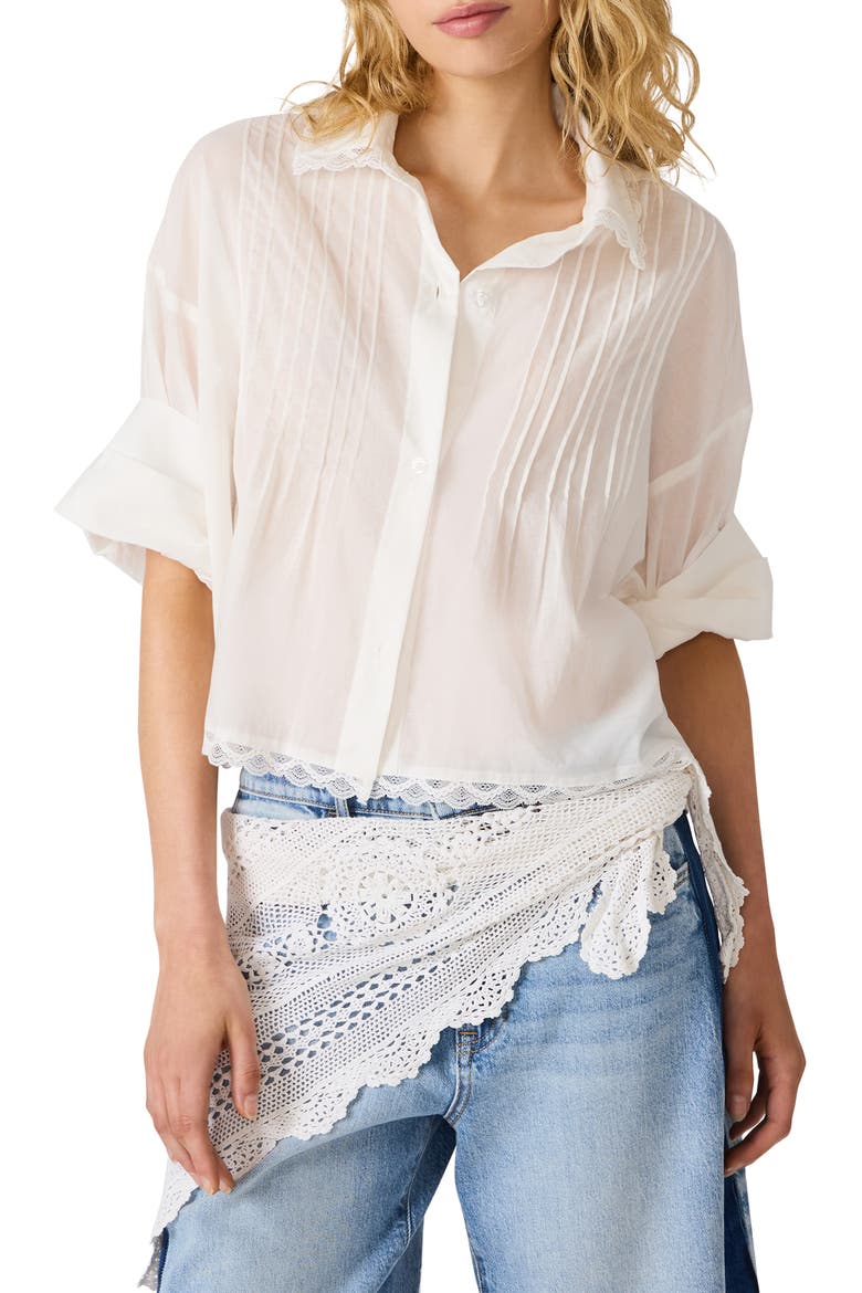 Delphi Lace & Pleat Detail Cotton Button-Up Shirt, Main, color, ANTIQUE