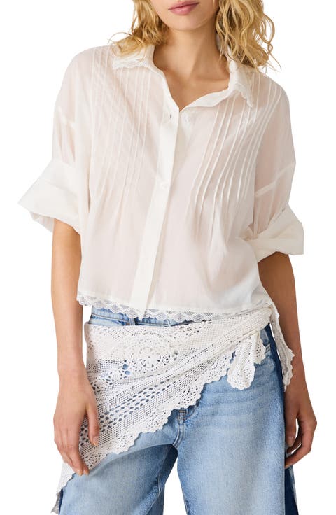 Delphi Lace & Pleat Detail Cotton Button-Up Shirt