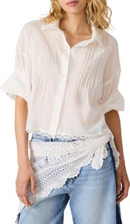 Steve Madden Delphi Lace & Pleat Detail Cotton Button-Up Shirt