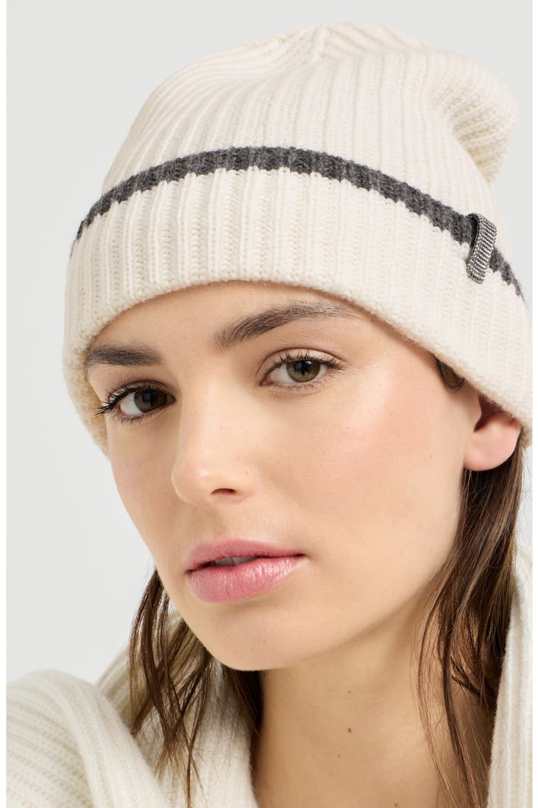 Cashmere English rib knit beanie with monili, Alternate, color, Panama