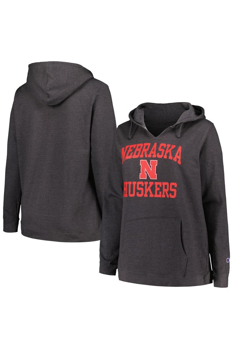 Women's Champion Heather Charcoal Nebraska Huskers Plus Size Heart & Soul Notch Neck Pullover, Alternate, color, Heather Charcoal
