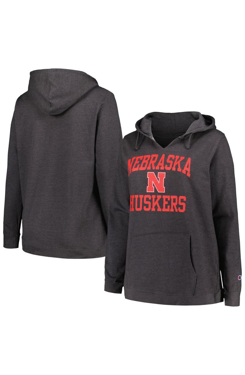 Champion Women's Champion Heather Charcoal Nebraska Huskers Plus Size Heart & Soul Notch Neck Pullover, Alternate, color, Heather Charcoal