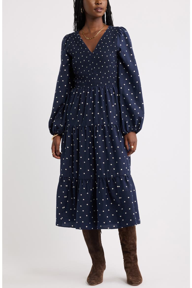 Smocked Long Sleeve Midi Dress, Main, color, NAVY IVORY TOSS DOT