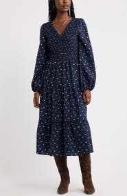 Caslon® Smocked Long Sleeve Midi Dress