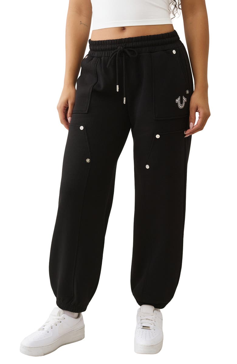 True Religion Studded Carpenter Boyfriend Joggers, Main, color, Jet Black