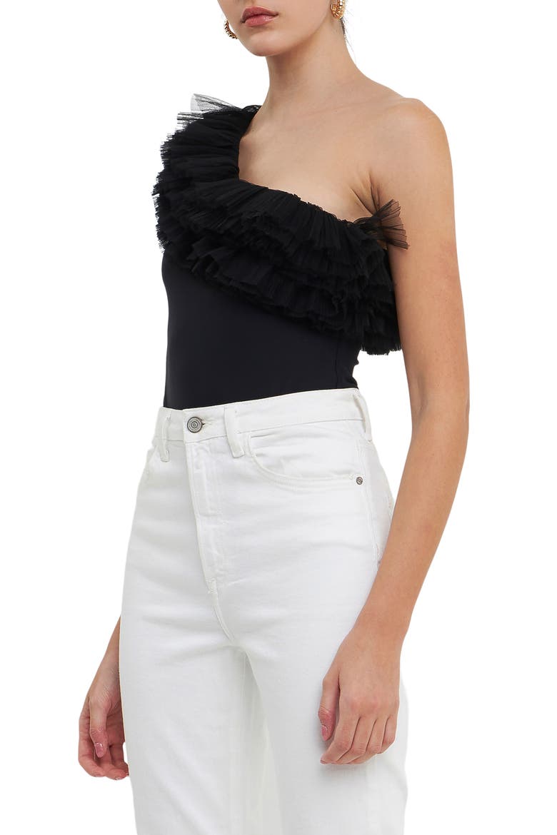 Tulle Ruffle One-Shoulder Bodysuit, Alternate, color, BLACK