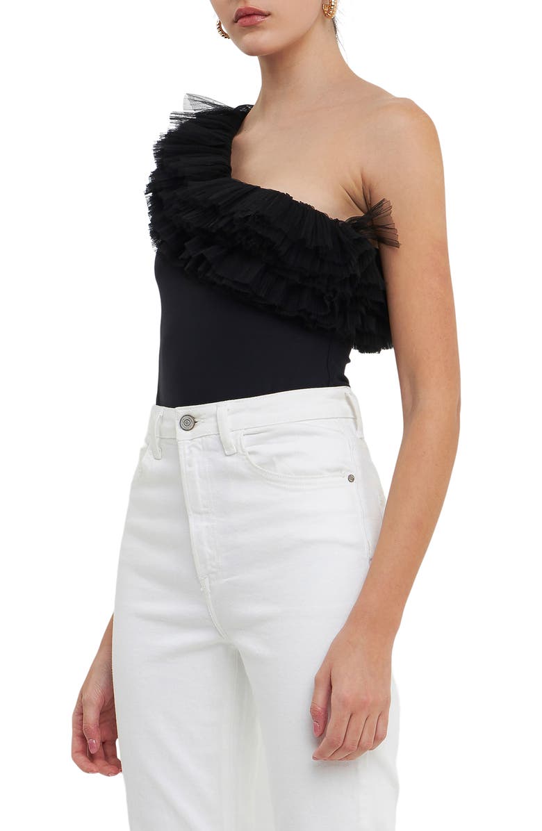 Endless Rose Tulle Ruffle One-Shoulder Bodysuit, Alternate, color, Black