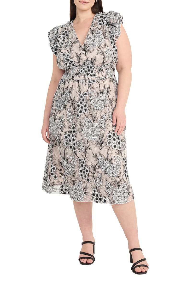 Floral Flutter Sleeve Smock Waist Midi Dress, Main, color, BLACK/ IVORY