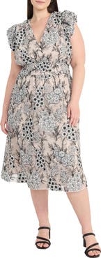 Maggy London Floral Flutter Sleeve Smock Waist Midi Dress