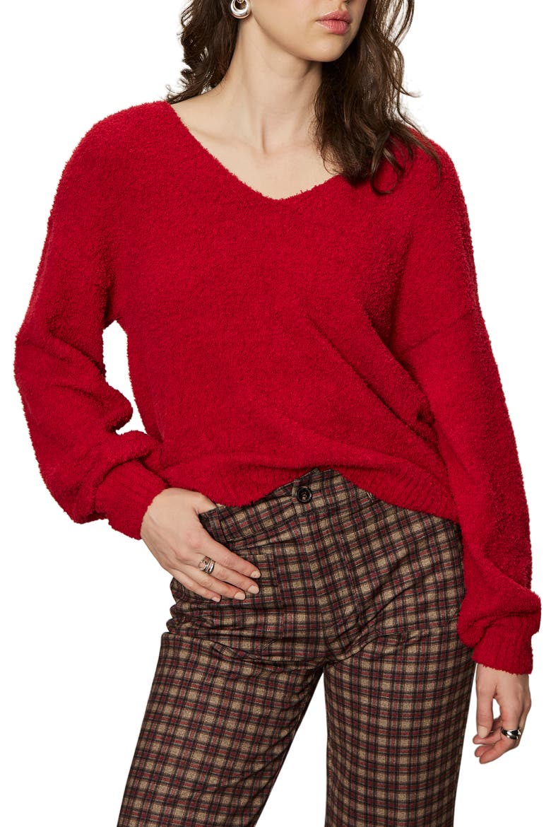 Teddy Fleece V-Neck Sweater, Alternate, color, CHERRY RED