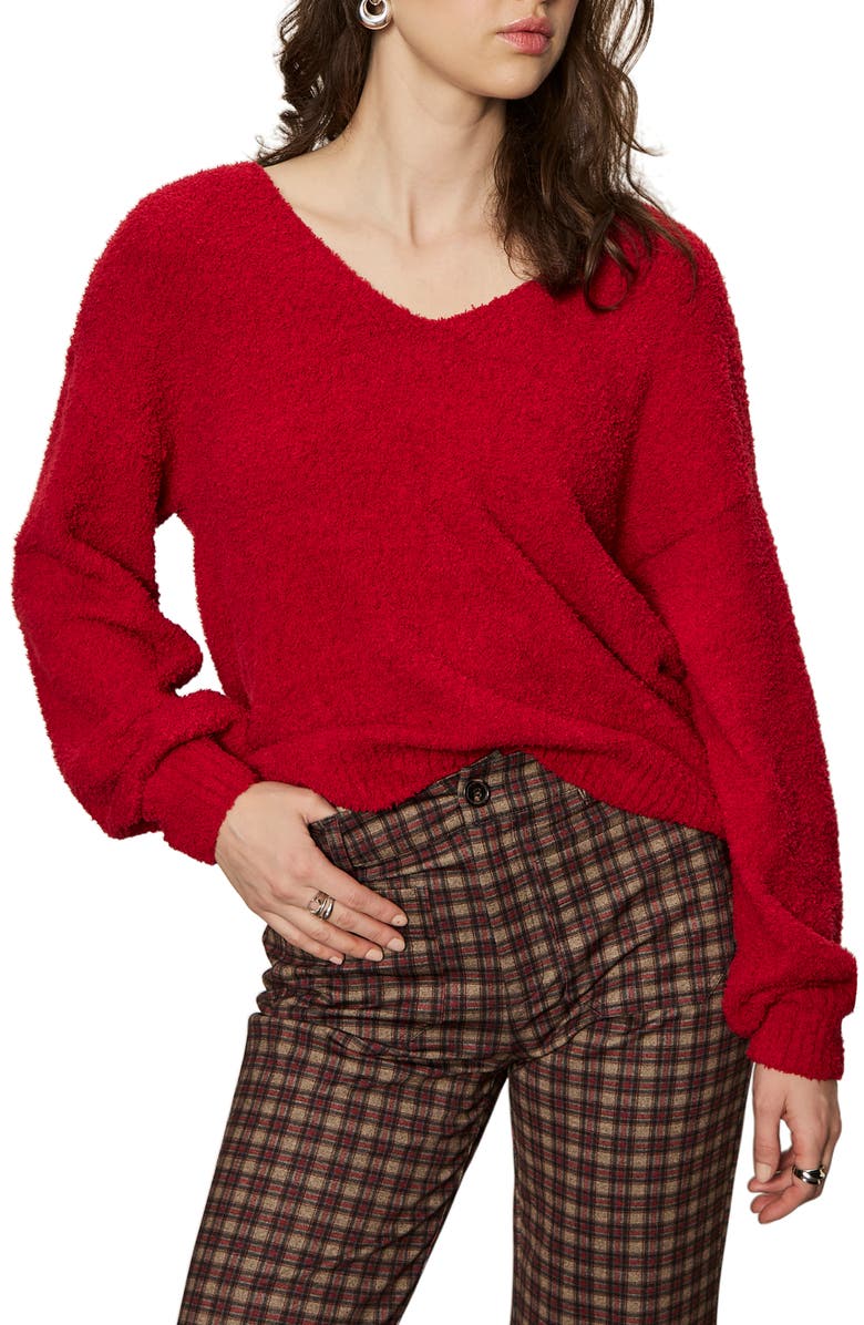 Sanctuary Teddy Fleece V-Neck Sweater, Alternate, color, Cherry Red