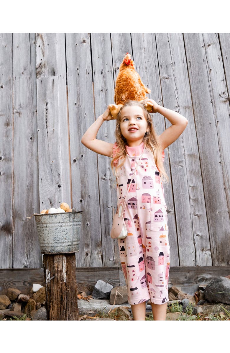 Deux par Deux Girl's Printed French Terry Overalls Pink And Coral Houses, Alternate, color, 