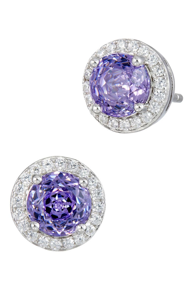 Floral Faceted Round Cubic Zirconia Halo Stud Earrings, Main, color, LAVENDER